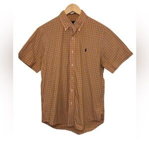 Polo Ralph Lauren Shirt Medium Orange Plaid Button Down Short Sleeve Blue Pony